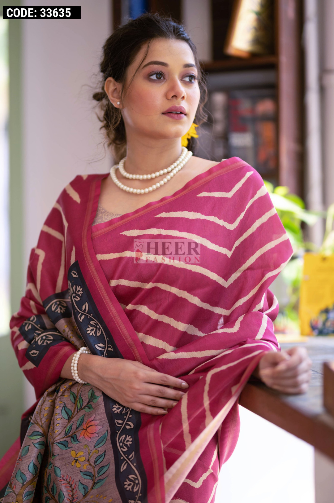 Pink Tulips Hand painted Pure Silk Saree