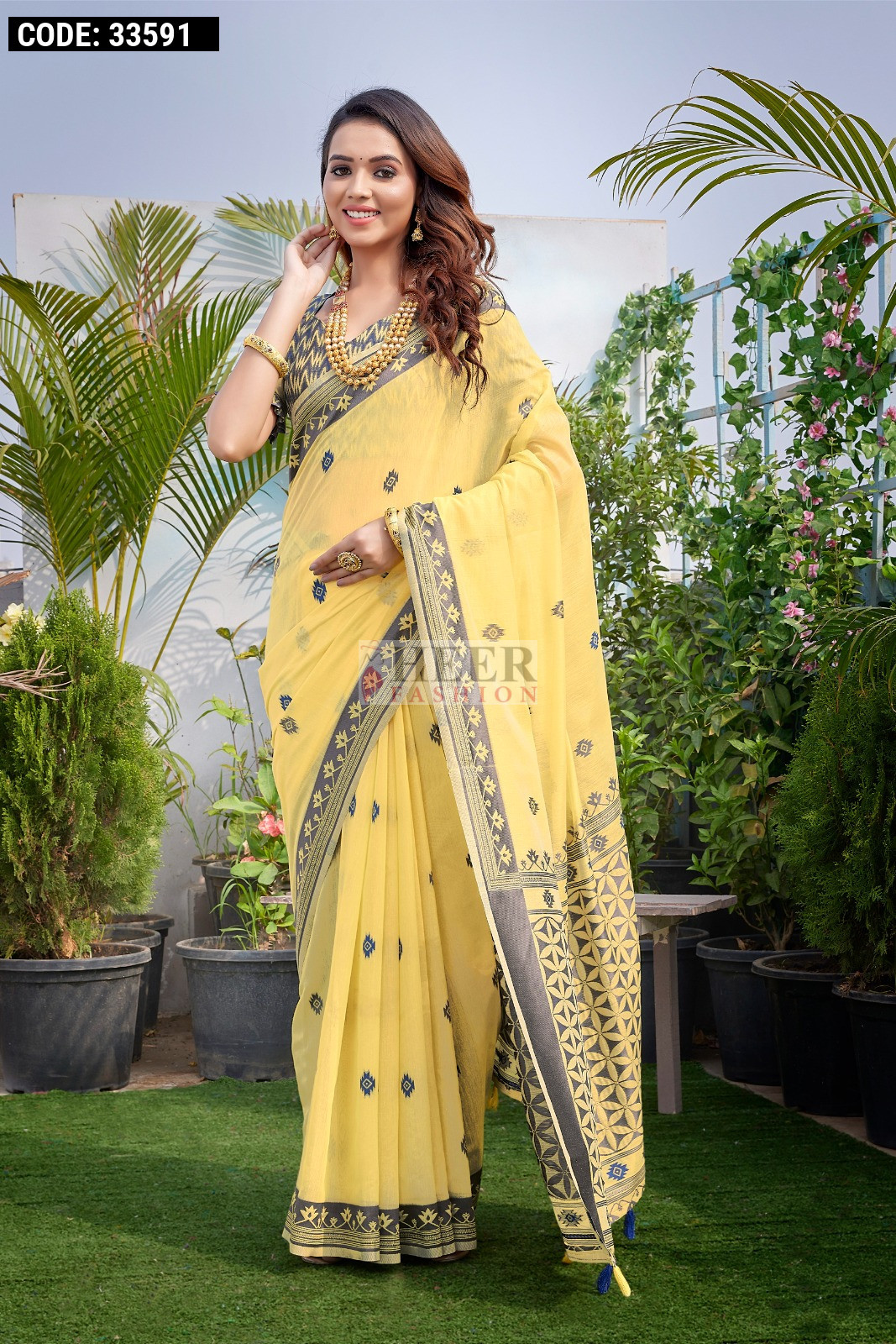 Lemon yellow color cotton saree with weaving work