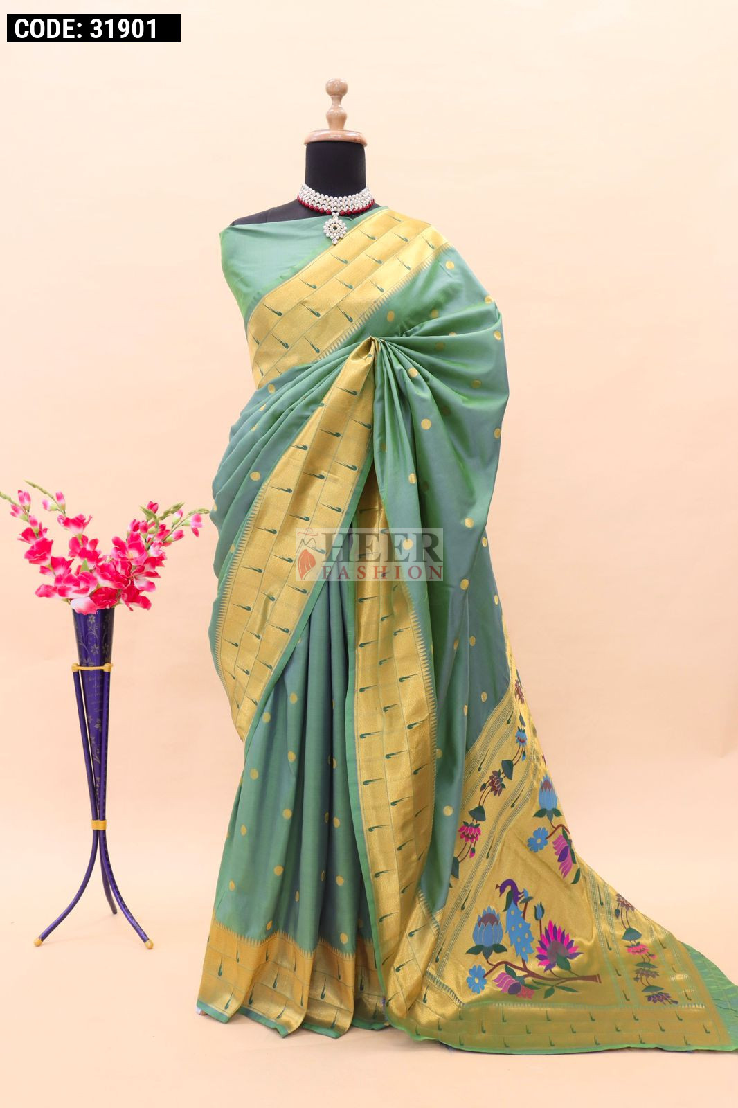 Rama Paithani Silk Saree with Zari Weaving, Meenakari Pallu & Double Munia Border main image 0