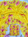 Yellow floral digital printed soft linen saree with embroidery work