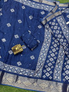 Blue muslin cotton jacquard printed saree with mirror work