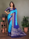 Sky blue and blue bandhej silk saree with zari weaving work