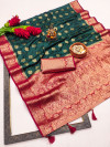 Dark green and red satin silk saree with zari weaving work