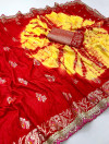 Red premium viscose muslin silk saree with shibori printed pallu & zari weaving work
