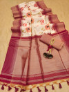 Off white floral printed raw silk saree with temple weaving border