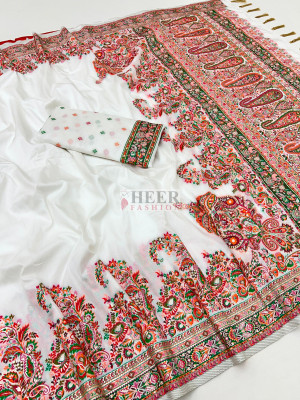 White rajwadi viscose pashmina silk weaving saree with lagdi patta pallu