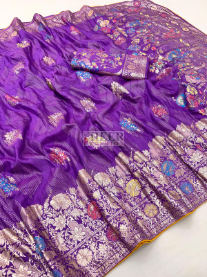 Lavender viscose dola silk saree with zari weaving work