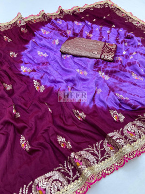 Wine premium viscose muslin silk saree with shibori printed pallu & zari weaving work
