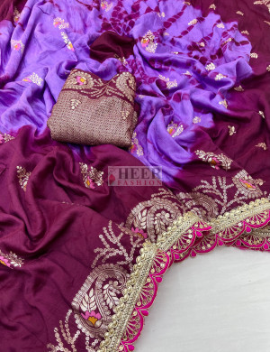 Wine premium viscose muslin silk saree with shibori printed pallu & zari weaving work