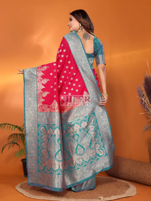 Rani pink traditional banarasi silk saree with zari weaving work