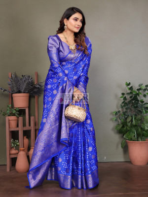Royal blue premium bandhej silk saree with zari weaving work