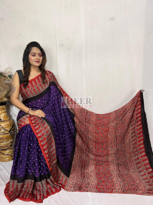 Purple and red fancy ajrakh digital printed crepe silk saree