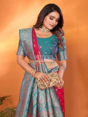 Rani pink traditional banarasi silk saree with zari weaving work