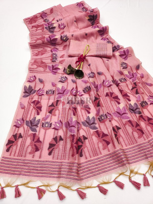 Baby pink premium muga cotton saree with jamdani weaving work