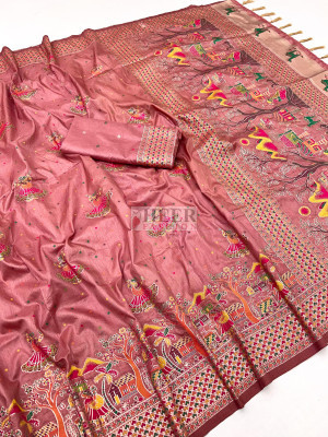 Dusty pink rajwadi viscose pashmina silk weaving saree with lagdi patta pallu