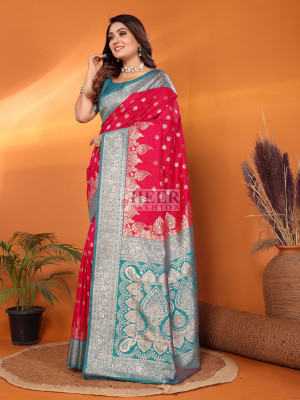 Rani pink traditional banarasi silk saree with zari weaving work