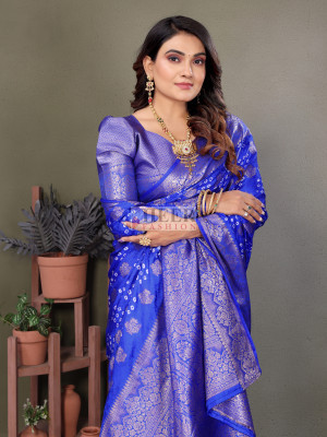 Royal blue premium bandhej silk saree with zari weaving work