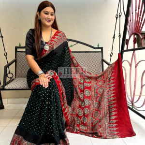 Black and red fancy ajrakh digital printed crepe silk saree