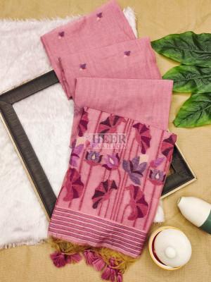 Baby pink premium muga cotton saree with jamdani weaving work