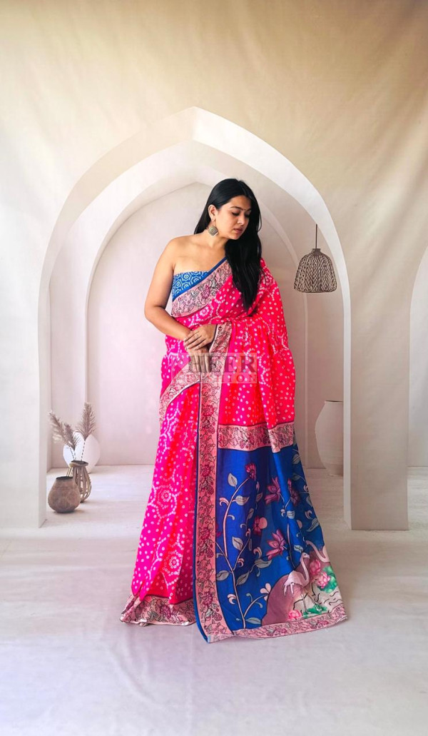 rani-pink-bandhani-printed-linen-cotton-saree-with-kalamkari-design