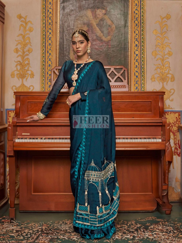 Rama green color satin chiffon silk saree with multi thred embroidery work