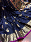 Navy blue color banarasi lichi silk saree with golden zari & rich pallu