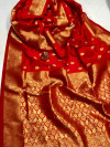 Red color soft banarasi lichi silk saree with golden zari weaving work