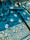 Rama green color banarasi soft silk saree with rose gold zari weaving work