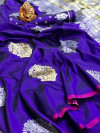 Violet color soft lichi silk saree with golden and silver zari work