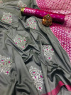Gray color soft lichi silk saree with zari weaving work