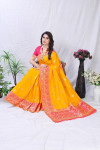 Yellow color pure banarasi silk saree with golden zari work