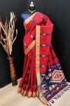 Red color bhagalpuri cotton banarasi silk handloom weaving saree