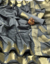 Gray color lichi silk saree with golden zari weaving work