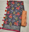 Black color linen cotton saree with digital printed work