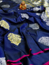Navy blue color soft lichi silk saree with golden and silver zari work