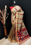 Beige color bhagalpuri cotton banarasi silk handloom weaving saree