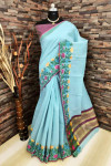 Sea green color soft linen silk saree with woven work