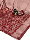 Maroon color soft banarasi silk saree with silver zari weaving work