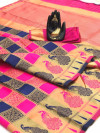 Pink and blue color soft banarasi silk saree with zari work
