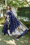 Navy blue color soft lichi silk saree with silver and golden zari weaving work