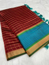 Maroon color soft cotton silk saree with satin patta zari weaving border