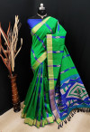 Green color bhagalpuri cotton banarasi silk handloom weaving saree