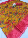 Yellow color soft doriya cotton saree with beautiful flower print work