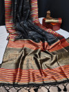 Black color tussar silk weaving saree with ikkat woven border & zari woven pallu