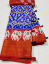 Blue color soft linen cotton saree with golden zari weaving border