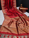Red color tussar silk weaving saree with ikkat woven border & zari woven pallu