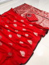 Red color banarasi silk jacquard weaving saree with rich pallu
