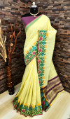 Yellow color linen silk saree with flowery weaving border