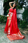 Red color Soft banarasi silk saree with golden zari jacquard weaving work