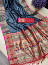 Gray color soft khicha silk weaving saree with meenakari woven pallu